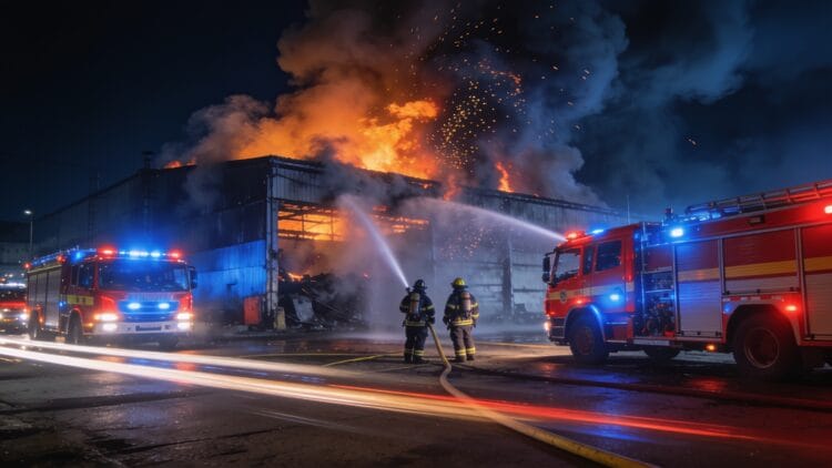 Petugas pemadam memadamkan insiden pabrik mie instan terbakar di Bekasi