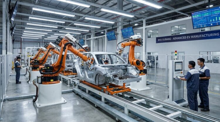 Lini perakitan mobil listrik BYD di fasilitas pabrik Subang Jawa Barat