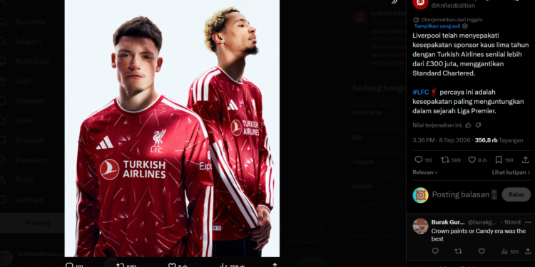 Liverpool menunjuk Turkish Airlines sebagai sponsor utama