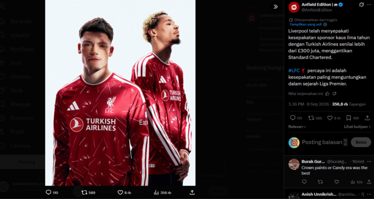 Liverpool menunjuk Turkish Airlines sebagai sponsor utama