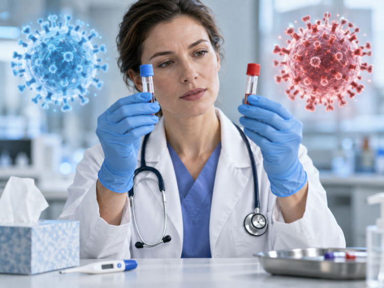 Ilustrasi tenaga medis membandingkan sampel Influenza A dan Influenza B
