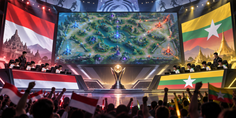 Ilustrasi final Mobile Legends Asian Games 2026 antara Indonesia dan Myanmar