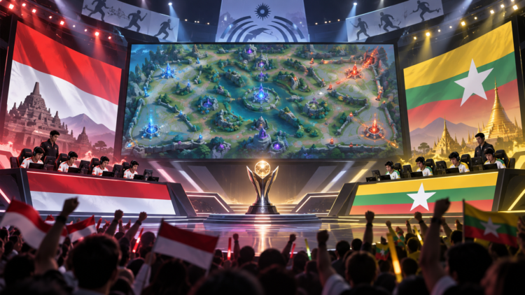 Ilustrasi final Mobile Legends Asian Games 2026 antara Indonesia dan Myanmar