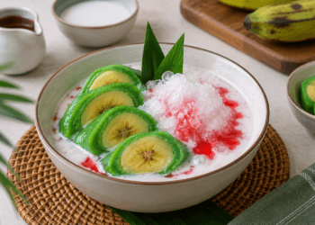 Es pisang ijo khas Makassar dengan bubur sumsum dan sirup merah