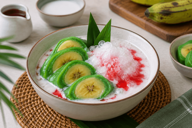 Es pisang ijo khas Makassar dengan bubur sumsum dan sirup merah