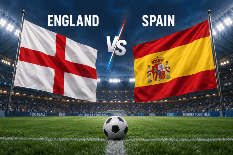 Ilustrasi bendera Inggris dan Spanyol menjelang pertandingan UEFA Nations League