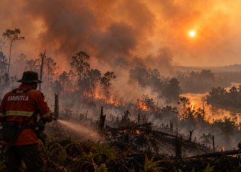 Ilustrasi petugas memadamkan kebakaran hutan dan lahan di tengah kabut asap