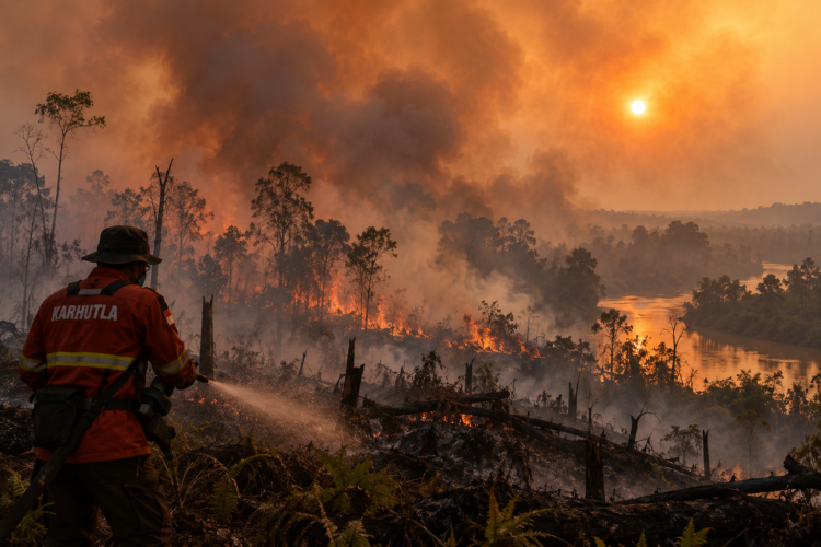 Ilustrasi petugas memadamkan kebakaran hutan dan lahan di tengah kabut asap