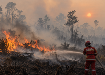 Petugas memadamkan kebakaran hutan dan lahan di tengah kabut asap