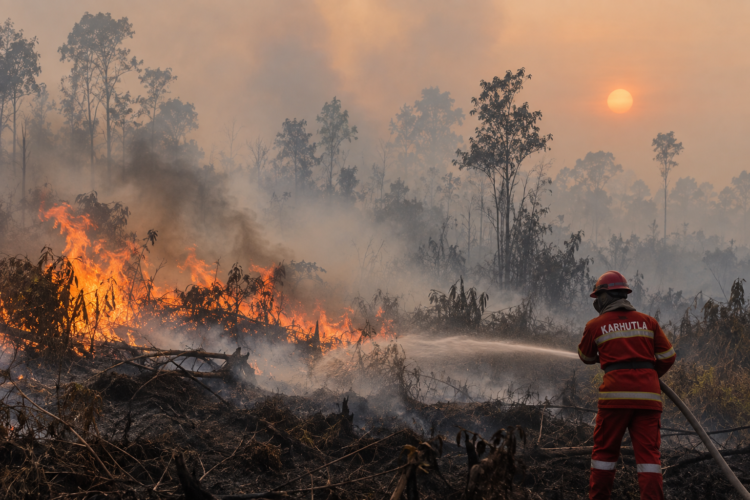 Petugas memadamkan kebakaran hutan dan lahan di tengah kabut asap