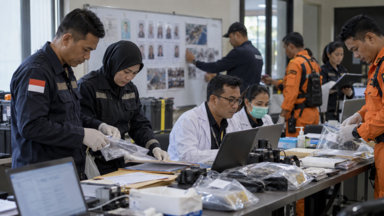 Ilustrasi tim DVI dan SAR melakukan proses identifikasi korban dalam ruang koordinasi