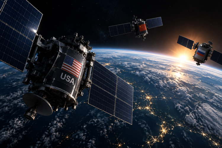 Ilustrasi satelit di orbit Bumi menggambarkan persaingan kemampuan militer Amerika Serikat, China dan Rusia