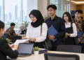 Ilustrasi pencari kerja mengantre menyerahkan berkas pendaftaran di kantor