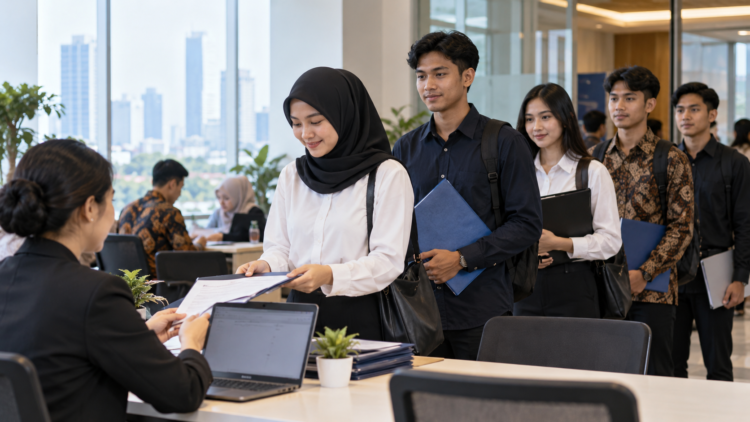 Ilustrasi pencari kerja mengantre menyerahkan berkas pendaftaran di kantor