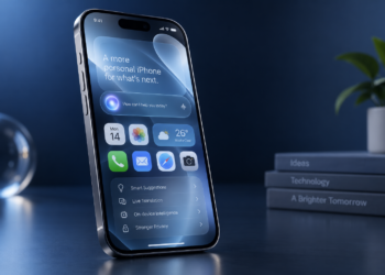 Ilustrasi smartphone dengan antarmuka kecerdasan buatan untuk berita peluncuran iOS 27