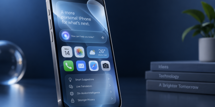 Ilustrasi smartphone dengan antarmuka kecerdasan buatan untuk berita peluncuran iOS 27