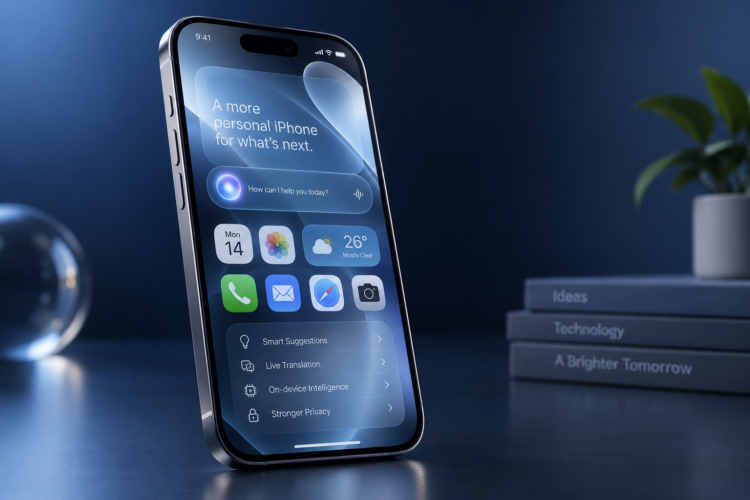 Ilustrasi smartphone dengan antarmuka kecerdasan buatan untuk berita peluncuran iOS 27