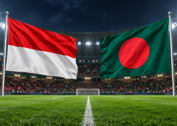 Ilustrasi bendera Indonesia dan Bangladesh di stadion sepak bola