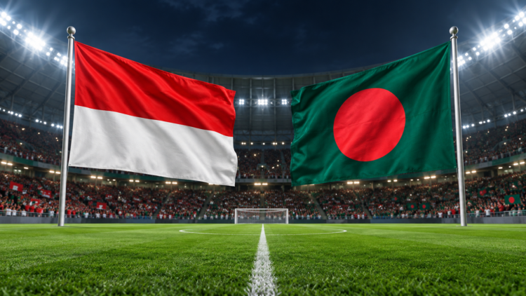 Ilustrasi bendera Indonesia dan Bangladesh di stadion sepak bola