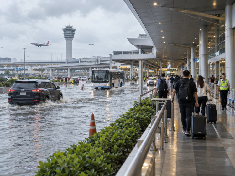 Ilustrasi penumpang menuju terminal bandara saat jalan tergenang banjir
