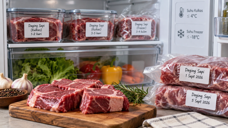 Daging sapi disimpan dalam wadah dan kemasan di kulkas dan freezer