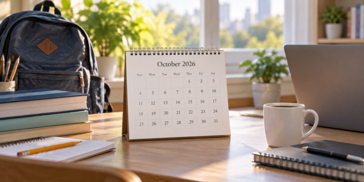 Ilustrasi kalender Oktober 2026 di meja kerja dan belajar