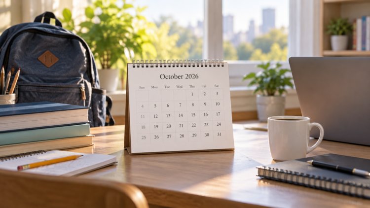 Ilustrasi kalender Oktober 2026 di meja kerja dan belajar
