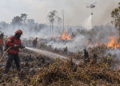 Ilustrasi petugas memadamkan kebakaran hutan dan lahan dengan dukungan helikopter water bombing