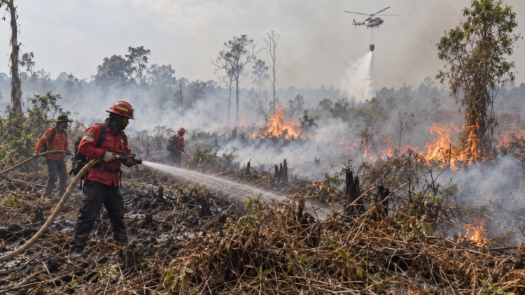 Ilustrasi petugas memadamkan kebakaran hutan dan lahan dengan dukungan helikopter water bombing