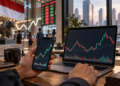 Ilustrasi investor memantau grafik perdagangan saham melalui laptop dan ponsel