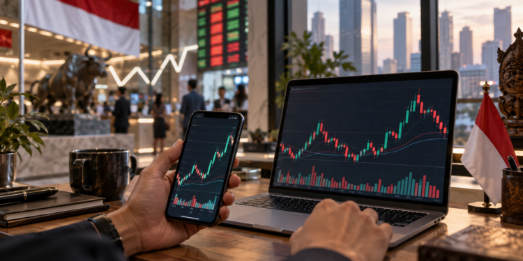 Ilustrasi investor memantau grafik perdagangan saham melalui laptop dan ponsel