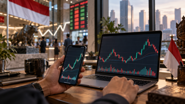 Ilustrasi investor memantau grafik perdagangan saham melalui laptop dan ponsel