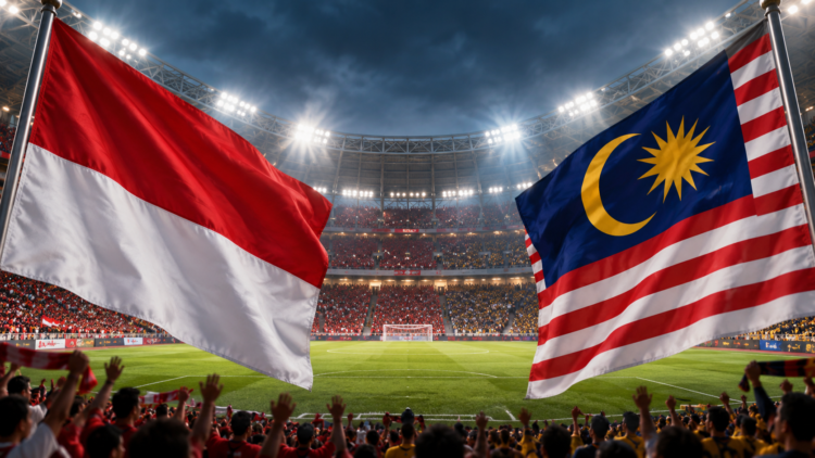 Ilustrasi bendera Indonesia dan Malaysia di stadion sepak bola