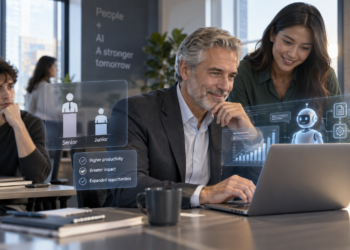 Ilustrasi penggunaan AI di lingkungan kerja dengan pekerja pada berbagai tingkat pengalaman
