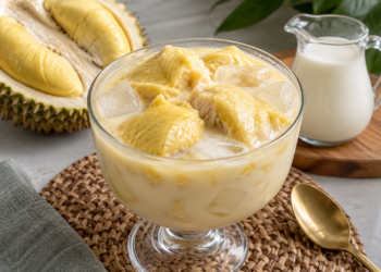 Es durian tanpa santan dengan kuah susu dan potongan durian