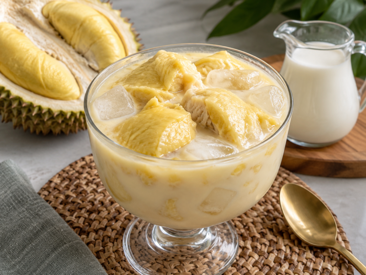 Es durian tanpa santan dengan kuah susu dan potongan durian