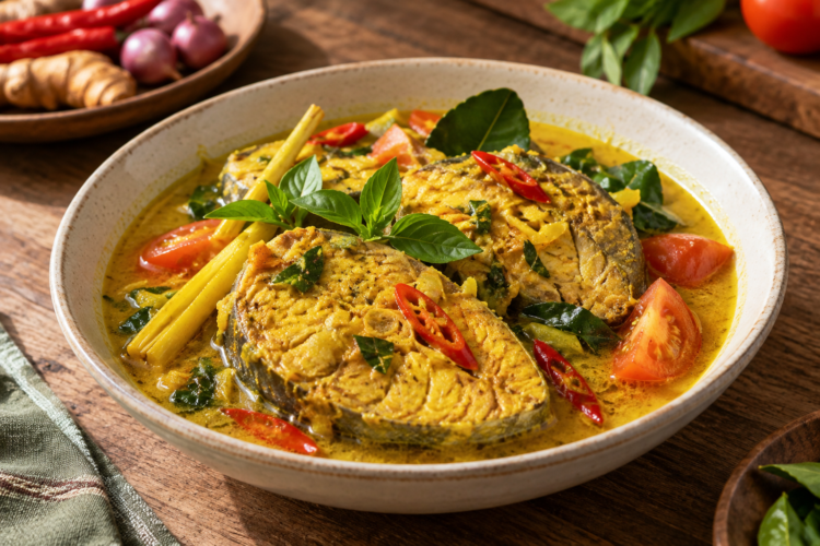 Ikan tuna bumbu kuning dengan rempah untuk menu rumahan