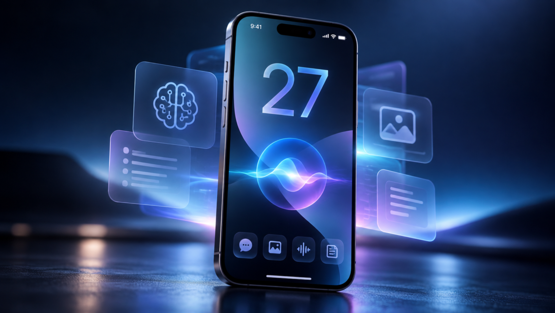 Ilustrasi smartphone dengan iOS 27 dan fitur kecerdasan buatan