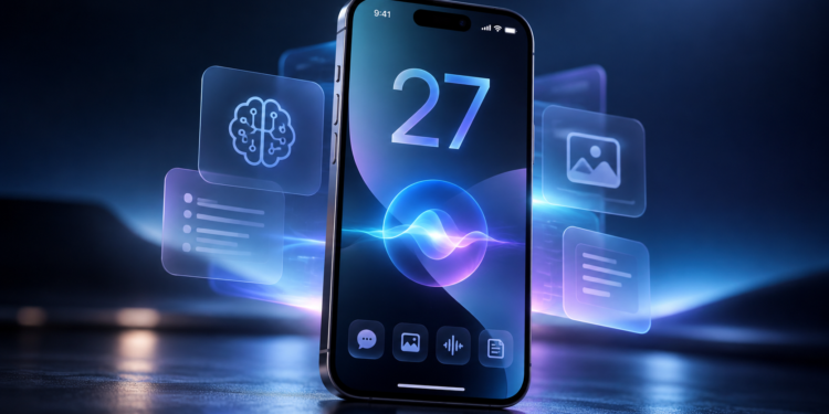 Ilustrasi smartphone dengan iOS 27 dan fitur kecerdasan buatan
