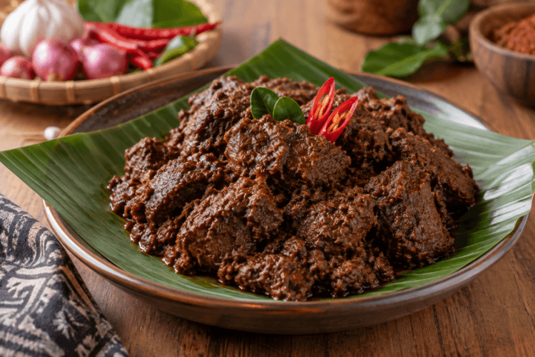 Ilustrasi rendang khas Padang dengan bumbu pekat dan potongan daging sapi