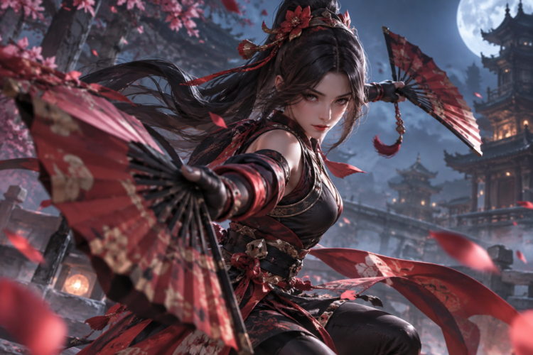 Ilustrasi assassin perempuan dengan dua kipas untuk panduan build Hirara 2026