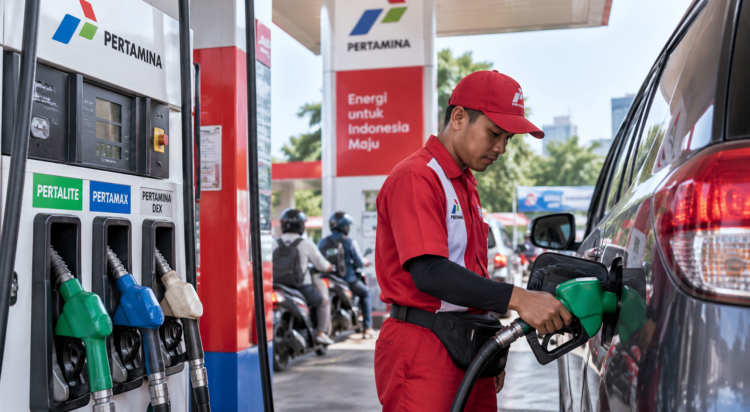 Ilustrasi petugas SPBU mengisi bahan bakar kendaraan dengan nozzle hijau