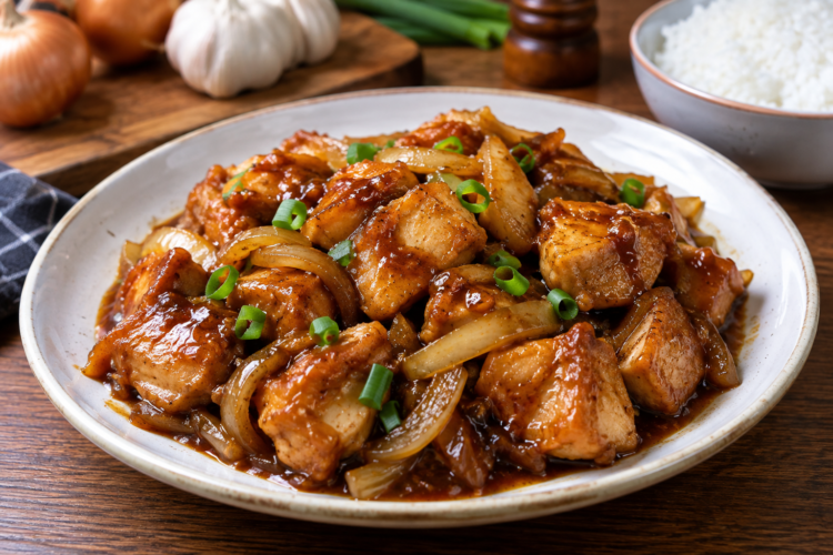 Ayam saus mentega dengan bawang bombai dan daun bawang