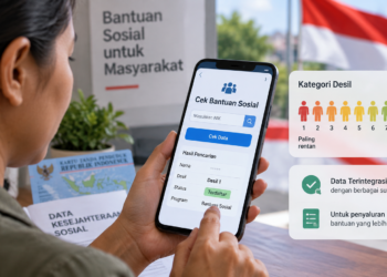 Ilustrasi warga mengecek desil bansos melalui ponsel