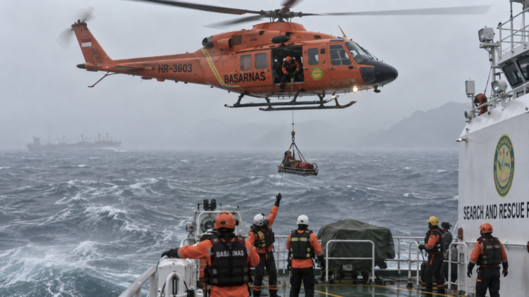 Ilustrasi helikopter SAR melakukan evakuasi dengan metode hoist di laut
