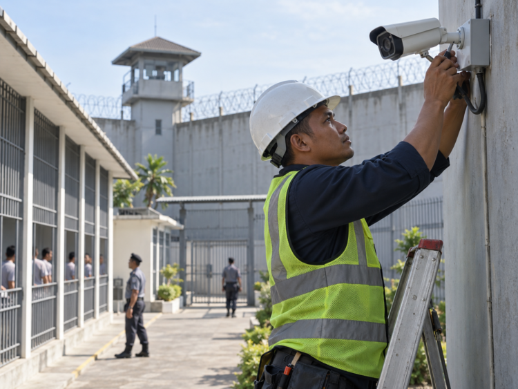 Ilustrasi teknisi memasang kamera CCTV di area lembaga pemasyarakatan