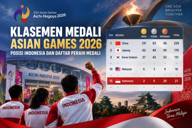 Infografik klasemen medali Asian Games 2026 dengan Indonesia di posisi 15