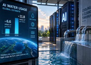 Ilustrasi pusat data AI dengan sistem pendinginan yang menggunakan air