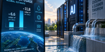 Ilustrasi pusat data AI dengan sistem pendinginan yang menggunakan air
