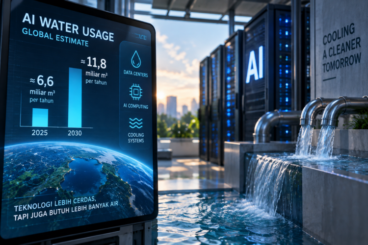 Ilustrasi pusat data AI dengan sistem pendinginan yang menggunakan air